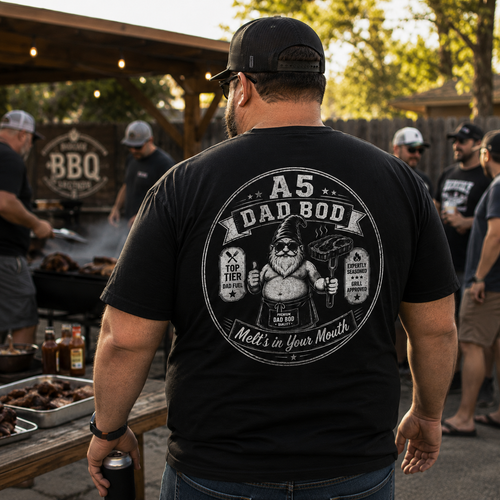 A5 Dad Bod funny BBQ T-shirt featuring Bodrick the MyDadBod gnome grilling steak