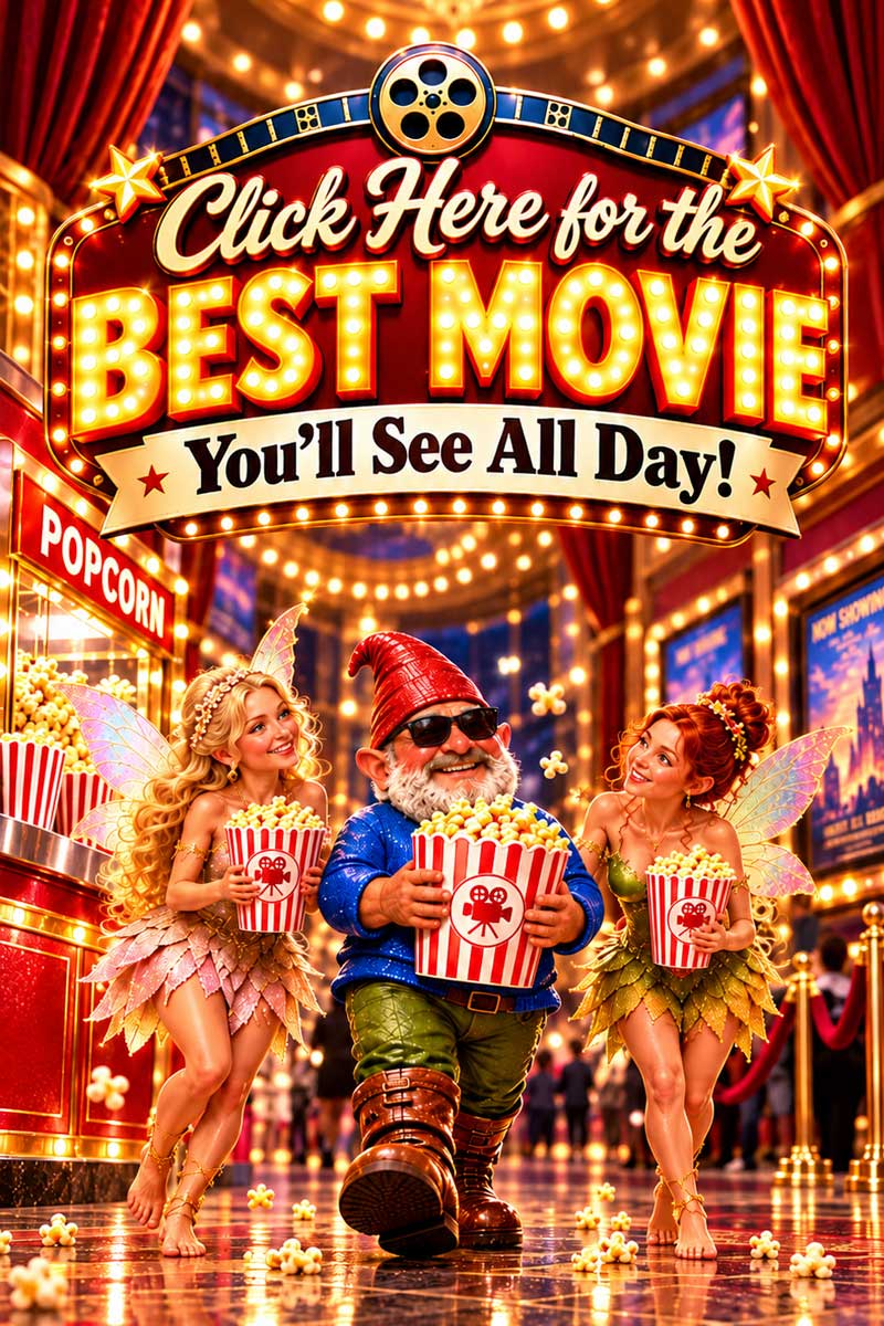 A gnome and two fairies carrying popcorn under a movie marquee: Click here for the best movie you'll see all day!