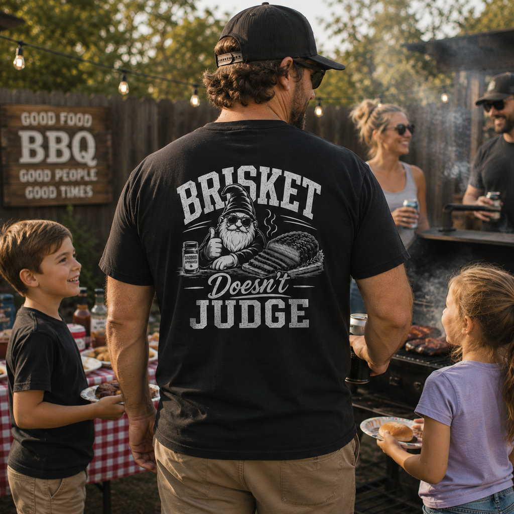 Brisket Doesn't Judge funny BBQ Dad T-shirt featuring Bodrick the MyDadBod gnome and sliced brisket