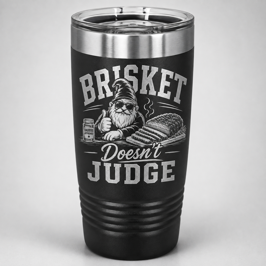 Black laser engraved Brisket Doesn't Judge DadBod tumbler featuring Bodrick and sliced brisket