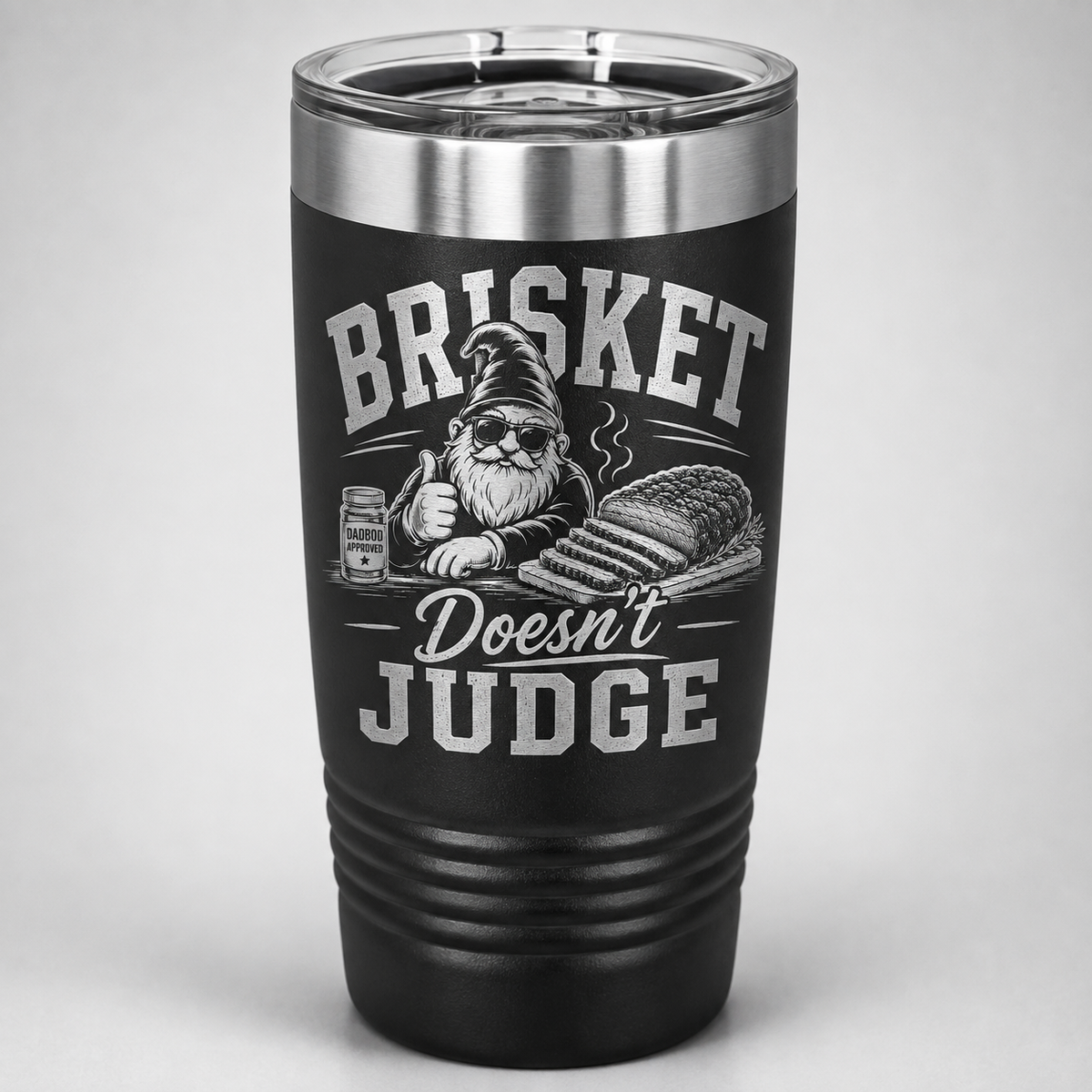 Black laser engraved Brisket Doesn't Judge DadBod tumbler featuring Bodrick and sliced brisket