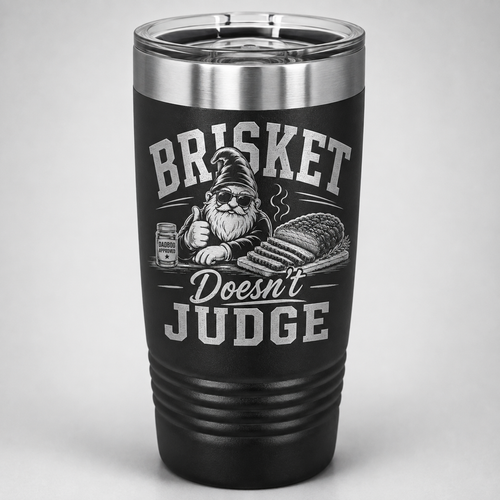 Black laser engraved Brisket Doesn't Judge DadBod tumbler featuring Bodrick and sliced brisket