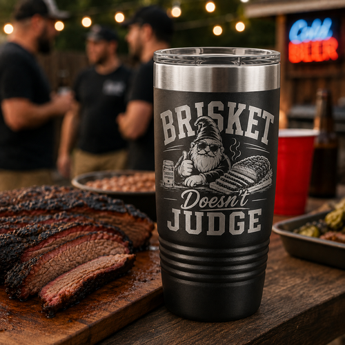 Brisket Doesn't Judge engraved DadBod tumbler beside freshly smoked sliced brisket at a backyard BBQ