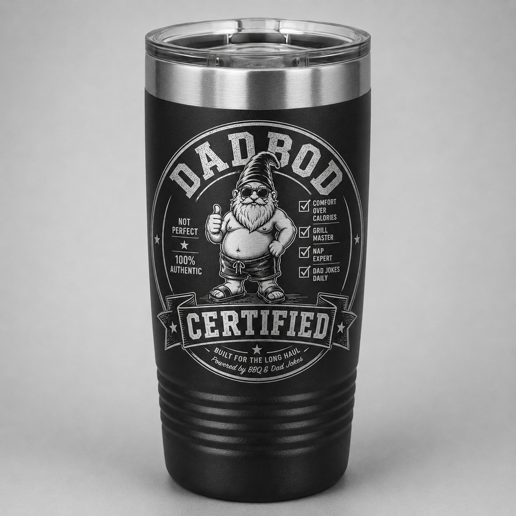 Black Dad Bod Certified laser engraved tumbler featuring Bodrick with funny dad qualifications