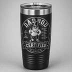 Black Dad Bod Certified laser engraved tumbler featuring Bodrick with funny dad qualifications