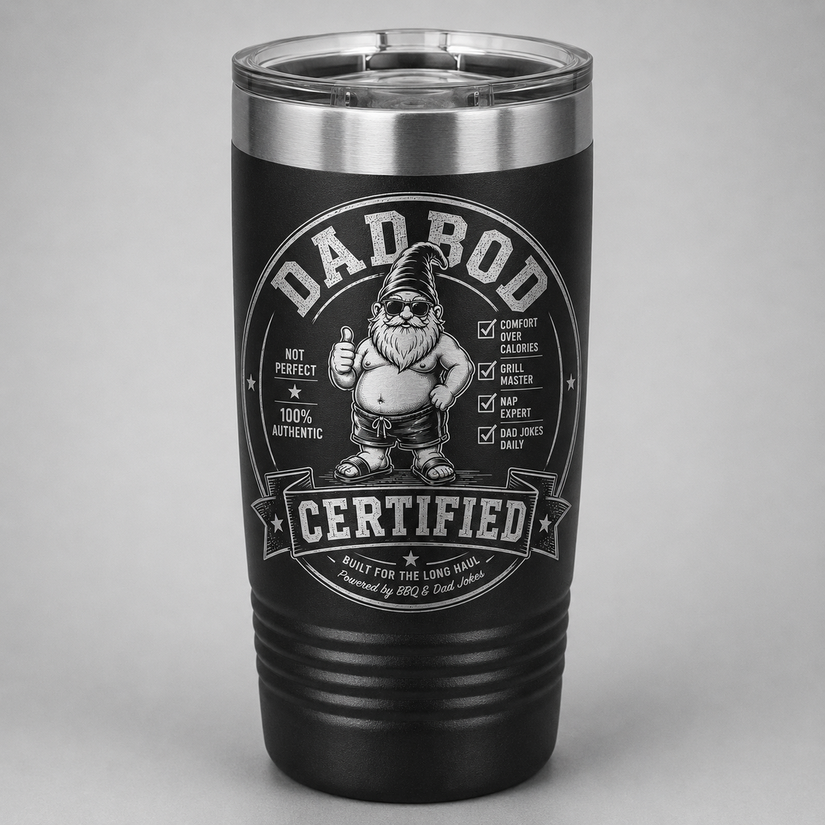 Black Dad Bod Certified laser engraved tumbler featuring Bodrick with funny dad qualifications