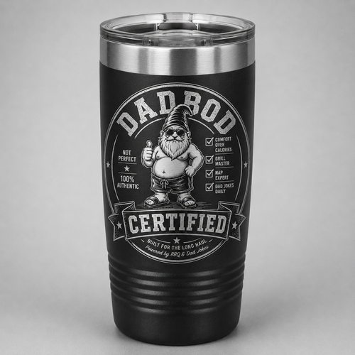 Black Dad Bod Certified laser engraved tumbler featuring Bodrick with funny dad qualifications