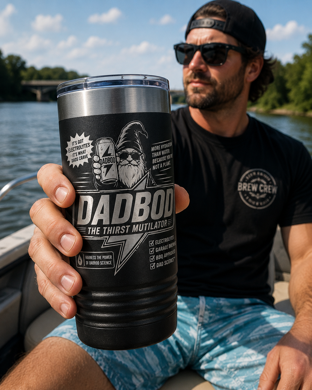 Man holding DadBod Thirst Mutilator engraved tumbler while relaxing on a boat at the lake
