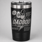 Black DadBod Thirst Mutilator laser engraved tumbler featuring Bodrick holding an electrolyte drink