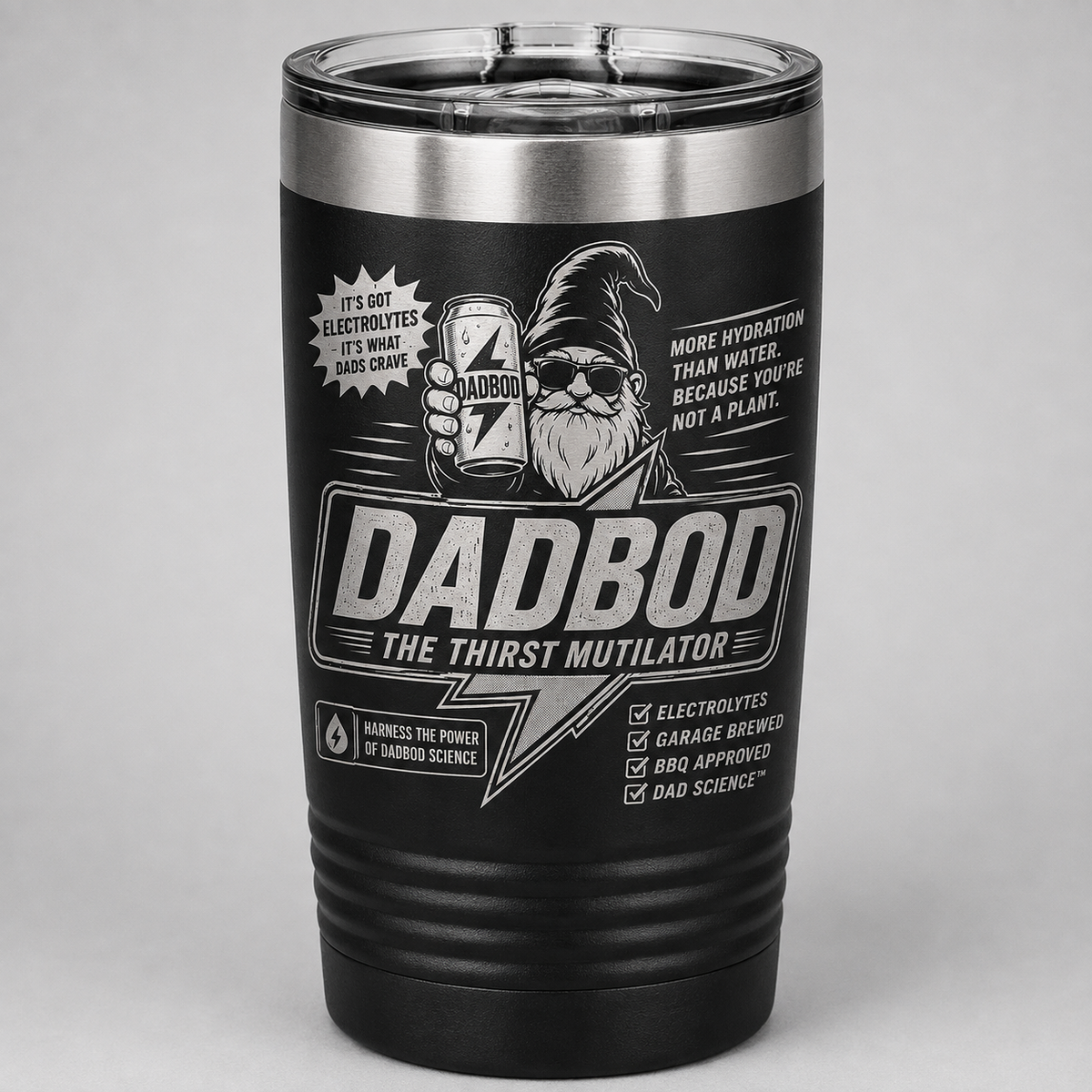 Black DadBod Thirst Mutilator laser engraved tumbler featuring Bodrick holding an electrolyte drink
