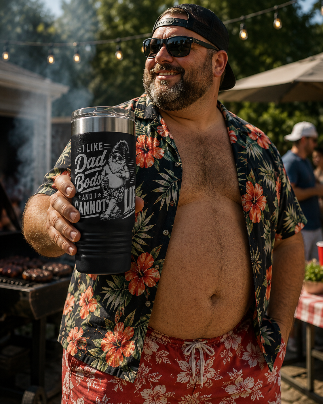 Man with a dad bod holding I Like Dad Bods and I Cannot Lie engraved tumbler at a backyard BBQ