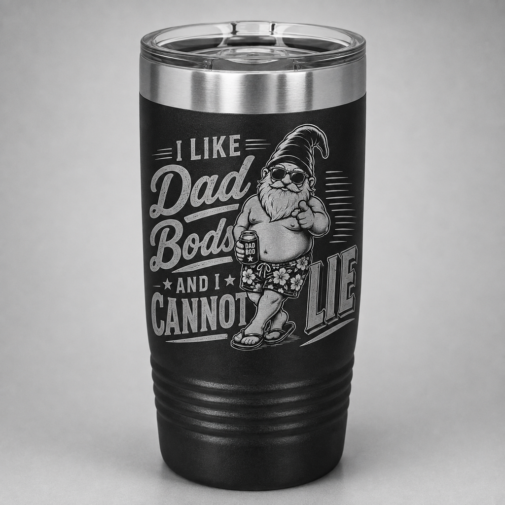 Black laser engraved I Like Dad Bods and I Cannot Lie tumbler featuring Bodrick in sunglasses and floral shorts