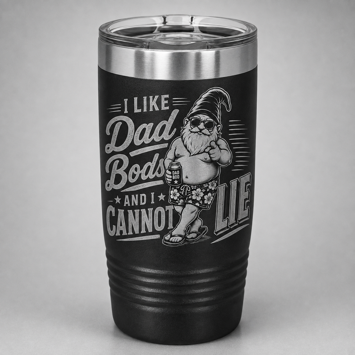 Black laser engraved I Like Dad Bods and I Cannot Lie tumbler featuring Bodrick in sunglasses and floral shorts