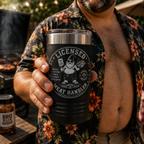 Dad holding Licensed Meat Handler engraved tumbler beside brisket at a backyard BBQ