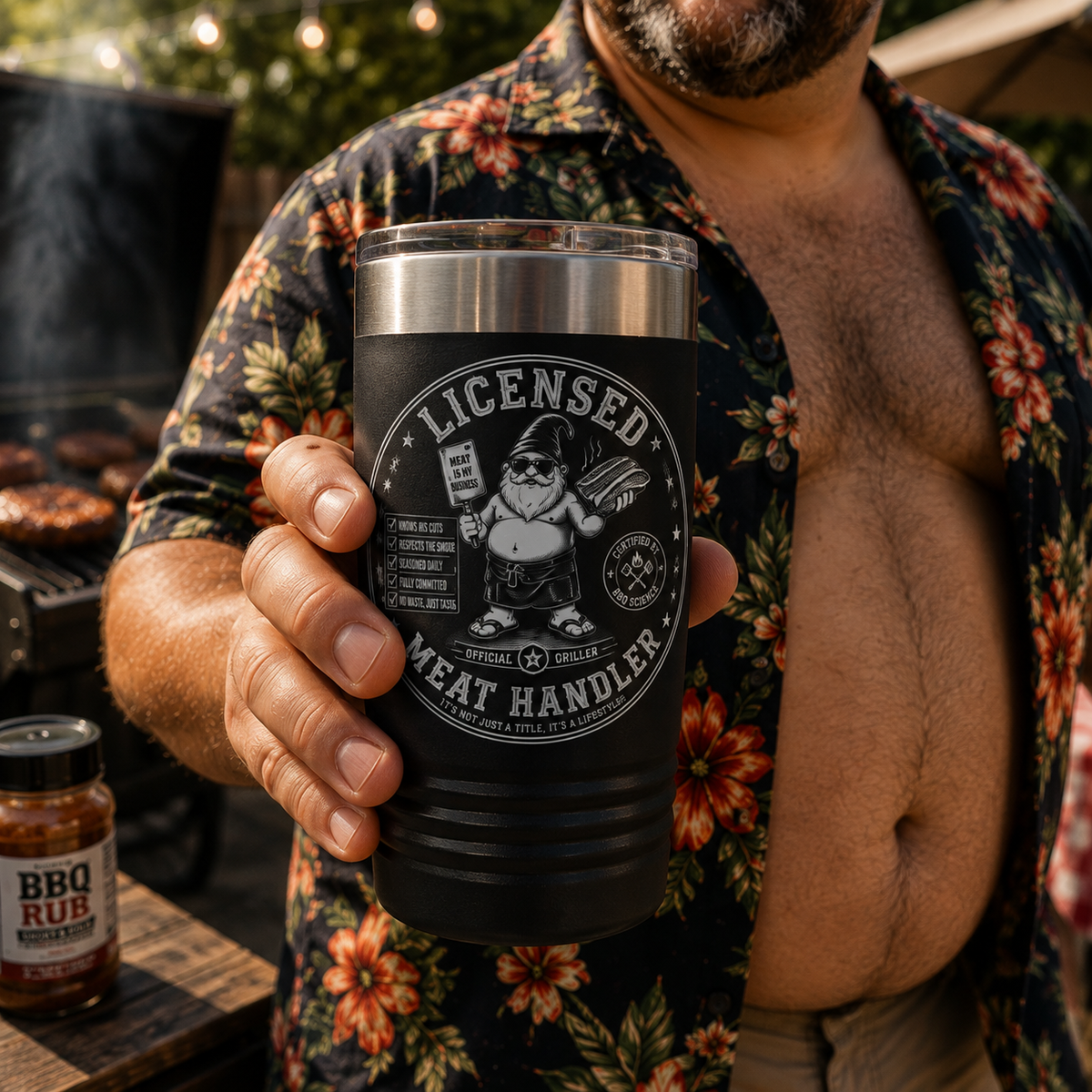 Dad holding Licensed Meat Handler engraved tumbler beside brisket at a backyard BBQ