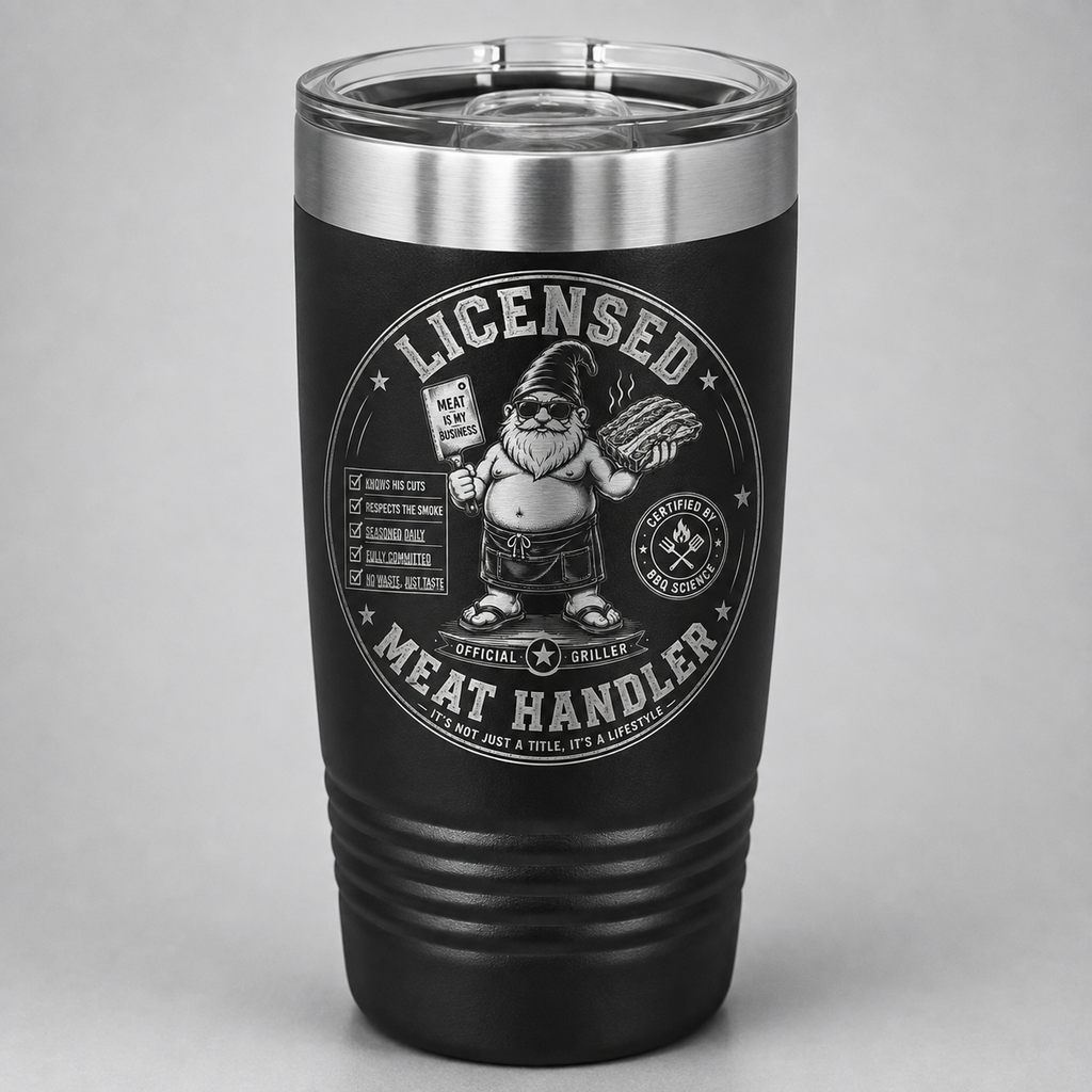 Black Licensed Meat Handler laser engraved tumbler featuring Bodrick holding a meat cleaver and BBQ