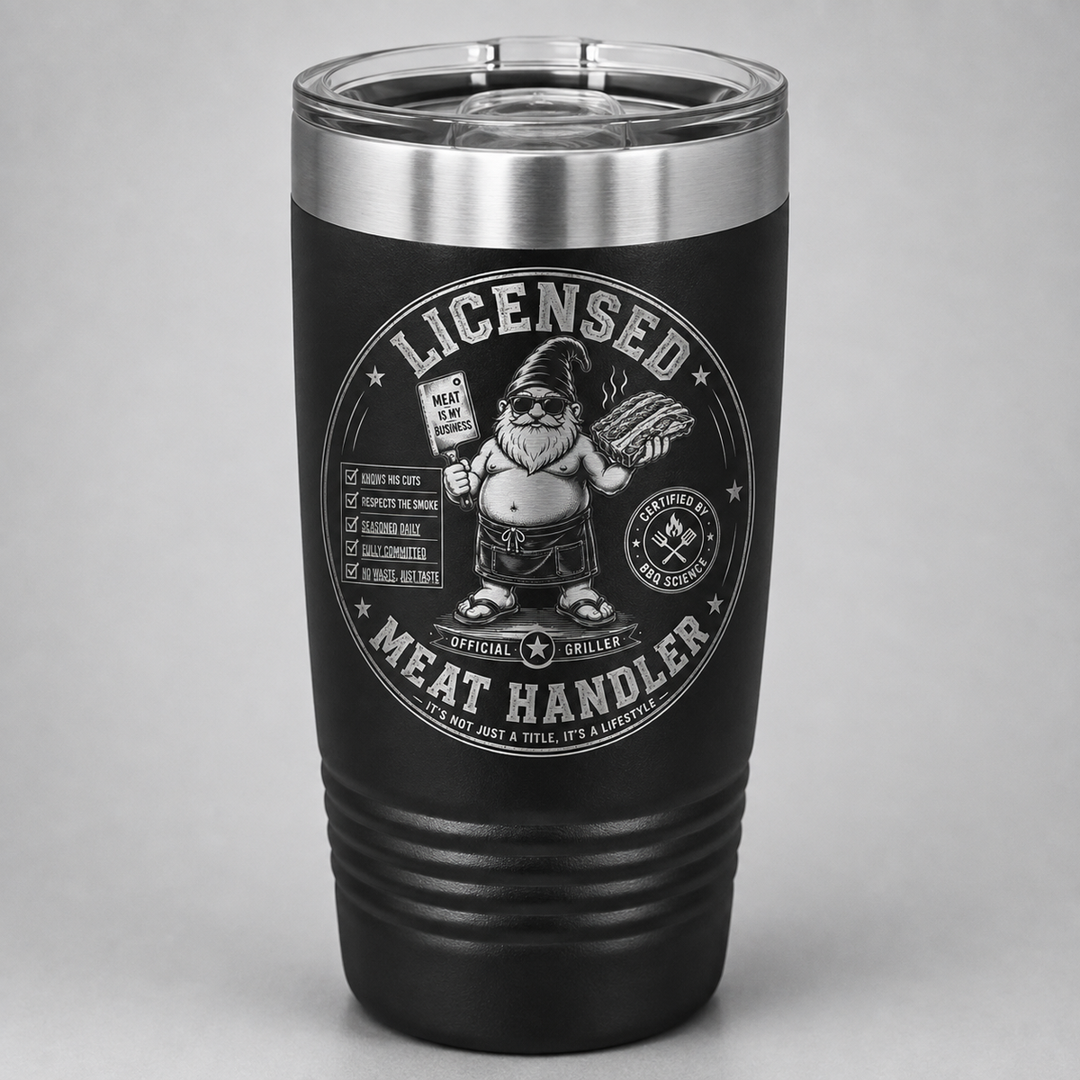 Black Licensed Meat Handler laser engraved tumbler featuring Bodrick holding a meat cleaver and BBQ