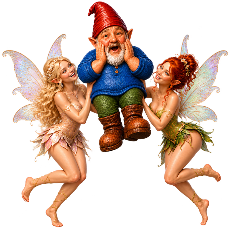 The two fairies flying off with Bodrick, who looks thoroughly surprised about it