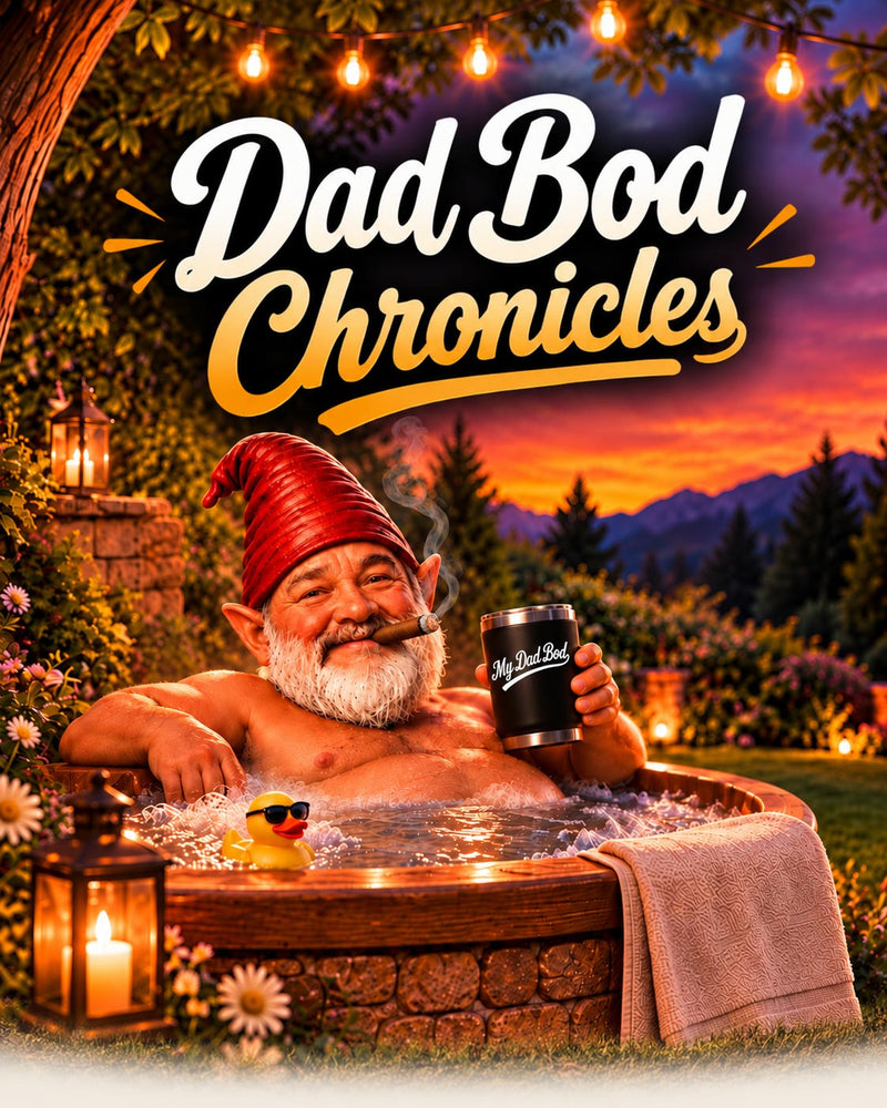 Dad Bod Chronicles — Bodrick the gnome relaxing in a string-lit backyard hot tub at sunset with a cigar and a My Dad Bod tumbler